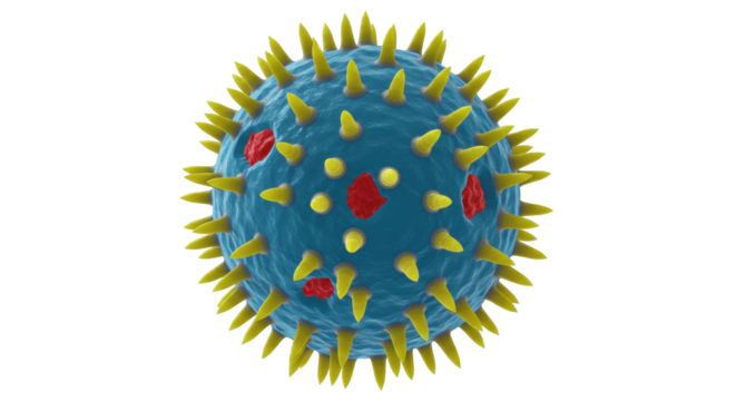 Detailed virus particle isolated on a clean backdrop, spherical pathogen with surface proteins for medical and scientific visualization