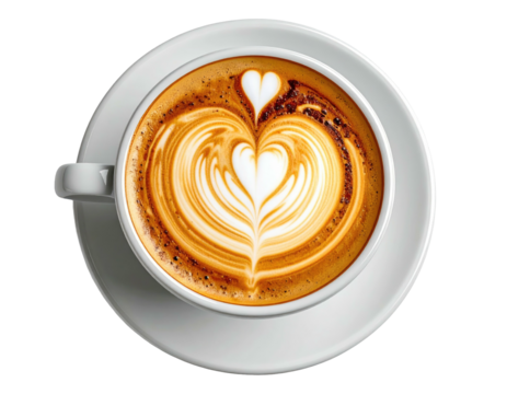 Overhead shot of a creamy latte with intricate heart-shaped latte art in a white cup