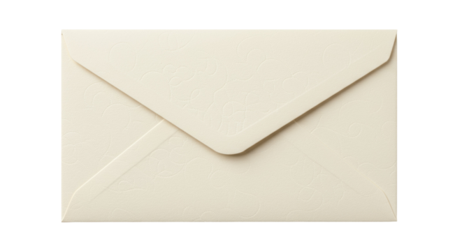 Elegant ivory envelope with floral pattern isolated on white, stationery for invitations and greetings