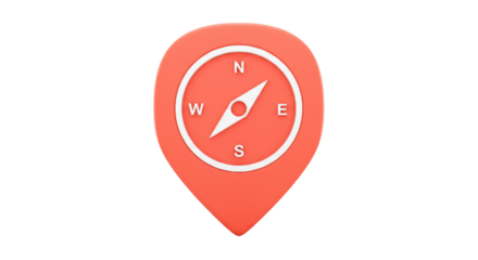 Red compass pin PNG isolated on transparent background, navigation and location marker for maps and travel apps