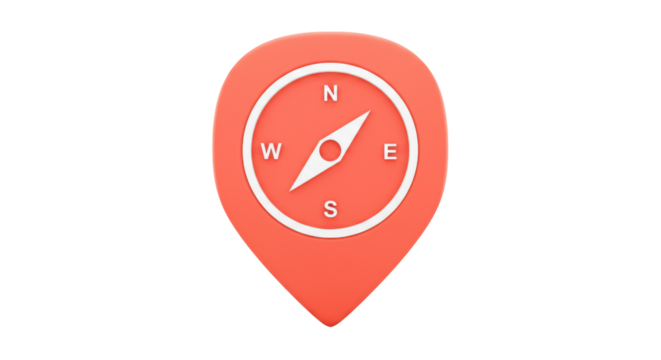 Red compass pin PNG isolated on transparent background, navigation and location marker for maps and travel apps