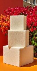 Three stacked white textured square display boxes are situated against a vibrant backdrop of red and orange bougainvillea flowers.