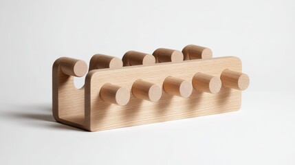 Light-colored wood organizer with cylindrical pegs, designed for holding various items; simple, minimalist aesthetic.  Features a slightly curved, open-ended design