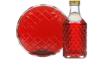 Red soda in glass bottle isolated, refreshing beverage with diamond pattern for summer drinks and party refreshments