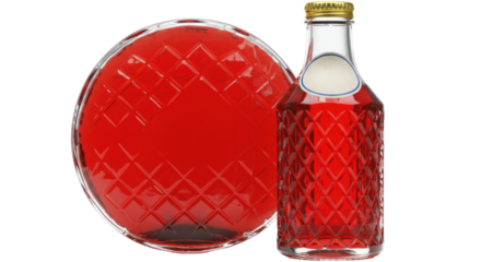 Red soda in glass bottle isolated, refreshing beverage with diamond pattern for summer drinks and party refreshments