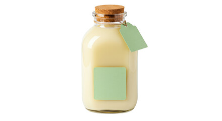 Glass bottle with cork and blank tags isolated on transparent background, filled with creamy liquid for product mockup