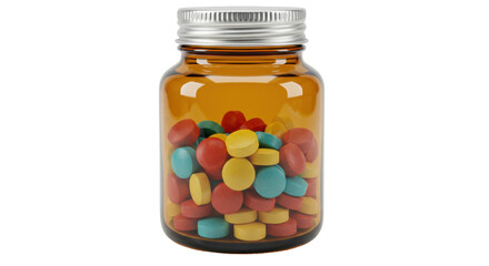 Amber glass pill bottle with colorful tablets isolated, medicine container on transparent background for healthcare and pharmaceutical use