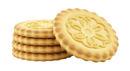 Stack of shortbread cookies isolated on white, delicious butter biscuits with flower pattern for tea time and sweet treat concepts