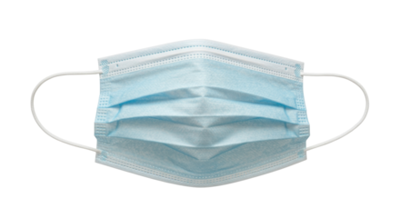 Light blue surgical face mask isolated on white, personal protective equipment for healthcare and medical use PNG