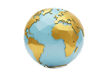 Low poly globe isolated on transparent background, 3D rendering of Earth with golden continents and blue ocean for geography and travel concepts