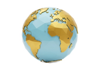 Low poly globe isolated on transparent background, 3D rendering of Earth with golden continents and blue ocean for geography and travel concepts