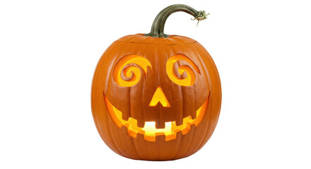 Halloween jack-o -lantern with a smiling face isolated on a clean background, spooky carved pumpkin for autumn holiday decoration