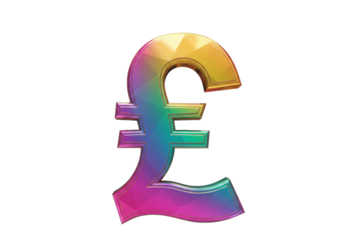Colorful pound sterling symbol isolated PNG on transparent background, low poly style currency sign for financial design