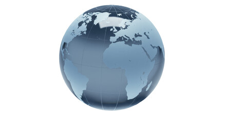 Blue glass globe isolated on transparent background, world map showing continents and oceans for geography and travel concepts