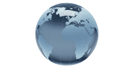Blue glass globe isolated on transparent background, world map showing continents and oceans for geography and travel concepts