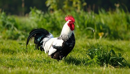 Majestic Black and White Rooster with a Scarlet Comb in a Sunlit Green Pasture.