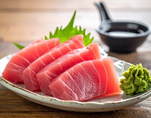 Raw fish slice serve with wasabi on the table