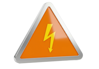 High voltage sign isolated on white, orange triangle with yellow lightning bolt symbol for electrical hazard warning in PNG format