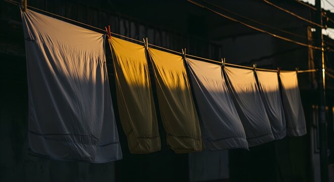 Laundry hanging outside in the sunlight with linen sheets