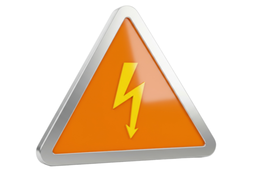 High voltage sign isolated on white, orange triangle with yellow lightning bolt symbol for electrical hazard warning in PNG format