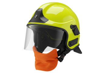 Yellow firefighter helmet with face shield isolated, protective gear for firemen on transparent background