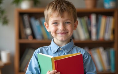 Elementary school boy holding books. High quality