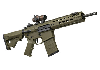 Olive green AR-15 rifle isolated, modern sporting rifle with red dot sight for tactical shooting and military applications
