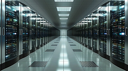 Futuristic glowing server room filled with racks of computer equipment and blinking lights representing data storage and technology