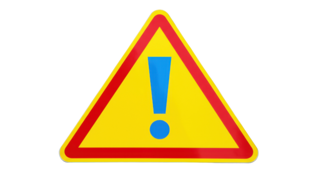 Yellow warning sign with blue exclamation mark isolated, triangular hazard symbol for safety and caution on transparent background PNG