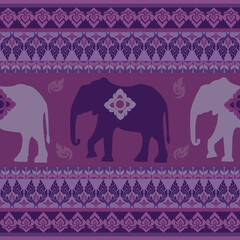 Elegant seamless Thai elephant pattern with purple ornamental design, perfect for textile, digital paper, and cultural artwork backgrounds.
