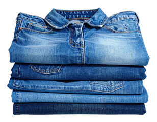 Stack of various shades of blue denim shirts, folded neatly on top of each other