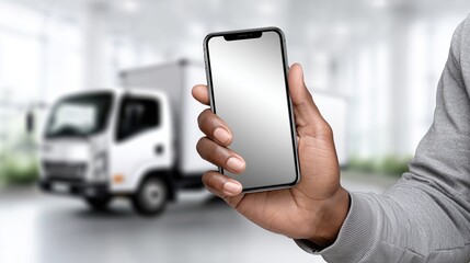 Smartphone mockup in hand near delivery truck in a modern warehouse