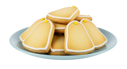Bell-shaped sugar cookies with yellow candy isolated on a blue plate, festive holiday treat for Christmas and New Year s celebrations