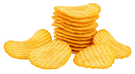 Pile of golden rippled potato chips isolated PNG, crispy snack food on transparent background, salty appetizer