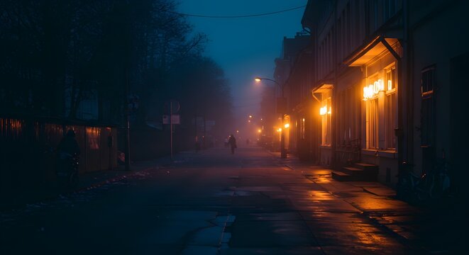 Misty street scene illuminated by streetlights at dusk