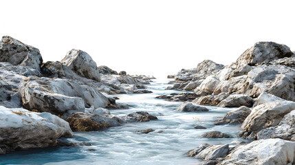 Naklejka premium Crystal-clear stream winding through rugged rocks, flowing toward a bright horizon, isolated on white background.