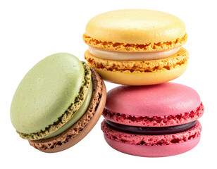 Three colorful, filled, almond-based meringue cookies stacked