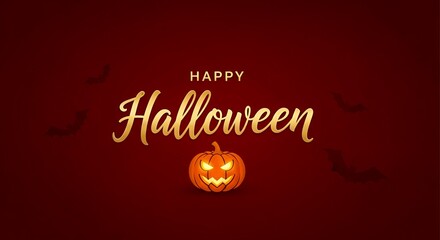Happy Halloween Background with Glowing Pumpkin and Golden Text