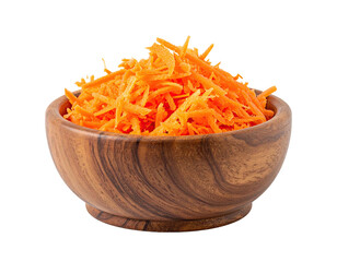 Finely shredded, vibrant orange carrots overflow a rustic, wooden bowl