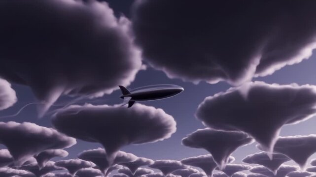 Whimsical Blimp Soars Through Surreal Mushroom Cloud Sky Journey