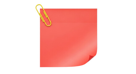 Isolated red sticky note with yellow paperclip attached for reminders or organization