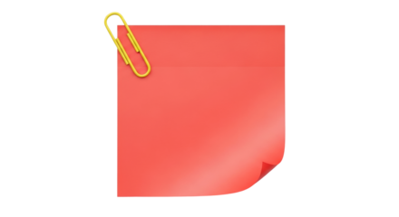 Isolated red sticky note with yellow paperclip attached for reminders or organization