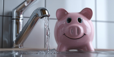 Water Conservation Concept. Close-up of a pink ceramic piggy bank smiling at camera beside a modern faucet pouring water. A symbolic and powerful image about saving water. Generative Ai.