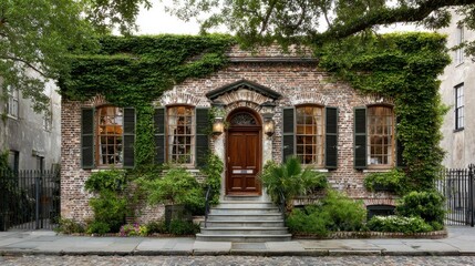 Historic brick house, ivy-covered facade