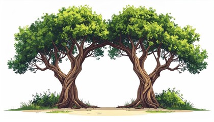 Flat Design of Intertwined Green Trees with Brown Trunks on White Background