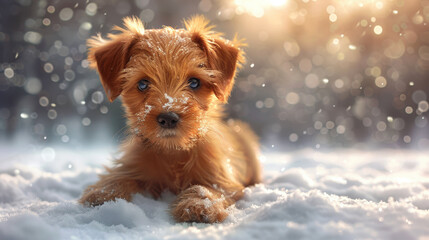 Cute puppy on background of snow-covered fairy tale winter forest with bokeh light. There is fluffy snow all around. Atmosphere of winter holidays magic. Christmas greeting card. Copy space.