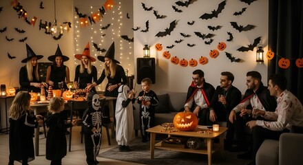 People Celebrating Halloween Party with Friends and Decorations