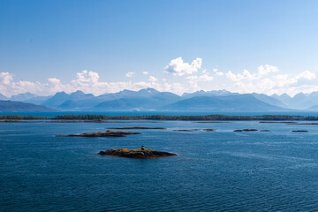 A fantastic view rom the Varden viewpoint over the Norwegian town of Molde, the fjord with the many islands and the famous panorama with over 220 peaks with most mountain tops over 1000 meters high
