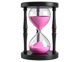 A black hourglass with pink sand shows the passage of time against black