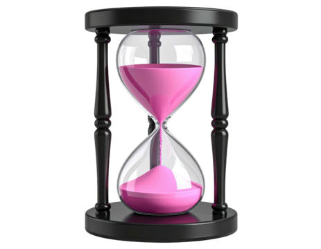A black hourglass with pink sand shows the passage of time against black
